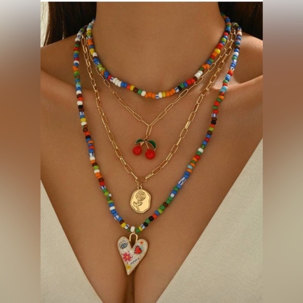 ✨NEW Bohemian Colorful Beaded Layered Necklace Set with Gold Accents